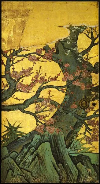 L'image est une peinture japonaise représentant un prunier en fleurs sur fond or