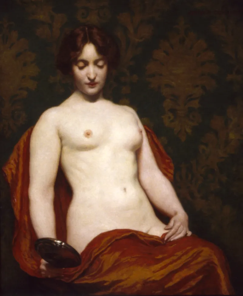 L'image est une peinture représentant une jeune femme assise devant un mur recouvert d'un papier peint aux motifs dorés sur fond vert. La chaise sur laquelle est assise la jeune femme est recouverte d'une draperie pourpre. L'étoffe couvre également les cuisses de la femme mais laisse le reste de son corps dénudé. Elle baisse les yeux vers un petit miroir en argent qu'elle tient de la main droite.