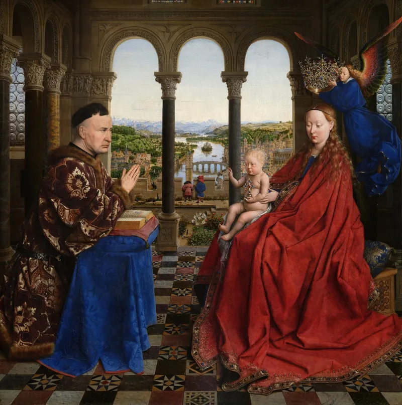 La scène se passe dans une loggia renaissance. A droite la vierge assise est enveloppée d'un grand manteau rouge et tient sur ses genoux l'enfant Jésus. Un ange vêtu de bleu aux ailes irisé flotte derrière la Vierge et tient une couronne au-dessus de sa tête. Le Christ enfant fait un geste de bénédiction envers le chancelier Rolin, présent à gauche de la composition, vêtu d'une robe de brocart et agenouillé dans un geste de prière dirigé vers la Vierge. La loggia s'ouvre dans le fond sur un paysage fluvial