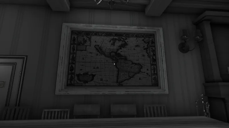 Capture d'écran du jeu The Shattering. L'image est en noir et blanc et montre une carte ancienne de l'Amérique du sud accrochée au mur.