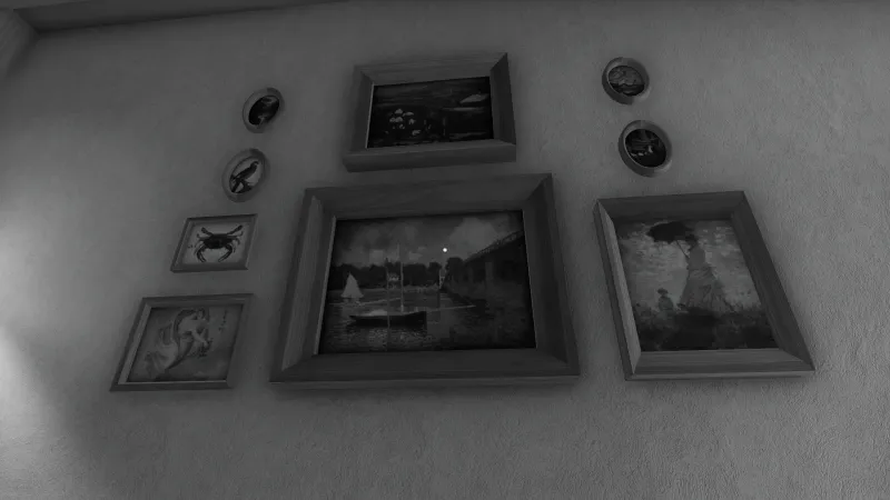 Capture d'écran du jeu The Shattering. L'image est en noir et blanc et montre un ensemble de tableaux et de petits cadres accrochés au mur.