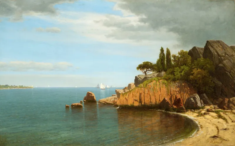 L'image est une peinture de James Brevoort représentant un bout de littoral, avec à droite une plage et un récif surmonté de végétation