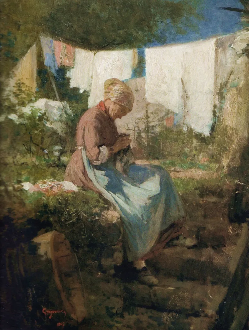 Nicolae Grigorescu, vieille femme en train de repriser