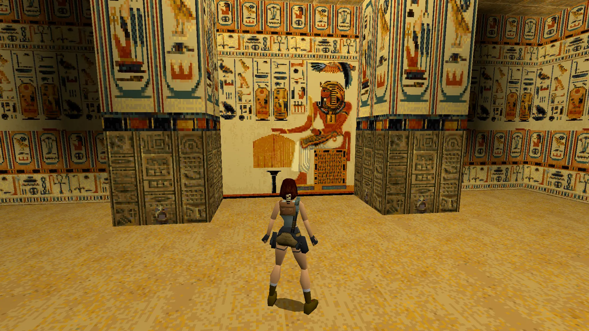 Capture d'écran de Tomb Raider dans laquelle on voit une fresque décorant la tombe du pharaon Séthi Ier