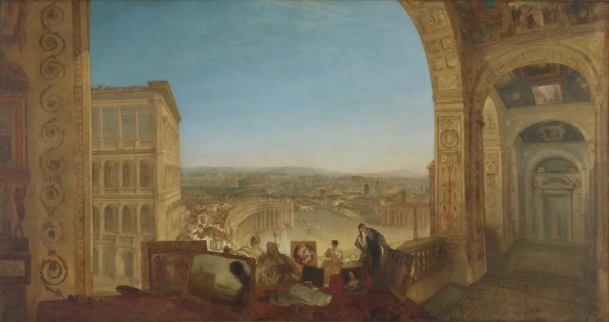 Peinture de Turner représentant une vue de Rome depuis une galerie du palais du Vatican. La perspective de la galerie s'ouvre à droite du tableau, alors qu'au centre on apperçoit en contrebas la place Saint Pierre puis la ville de Rome qui s'étend en direction de l'est jusqu'à l'horizon. Au premier plan, dans la galerie, on voit un personnage qui s'affaire au milieu de dessins et de tableaux. Une femme l'accompagne.