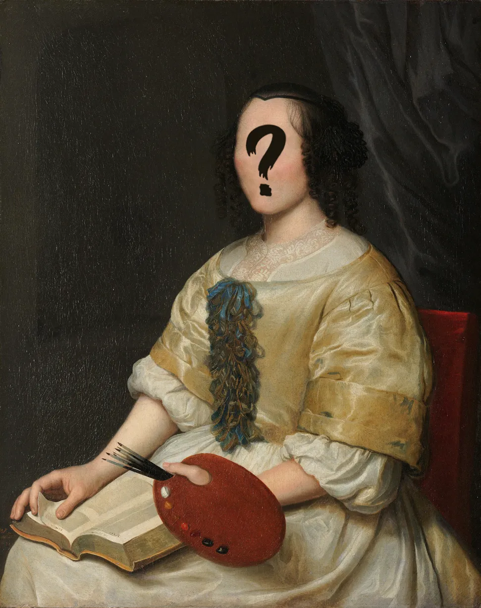 Auportrait de la peintre Maria van Oosterwijck, dont les traits du visage ont été effacés pour laisser apparaître un grand point d'interrogation