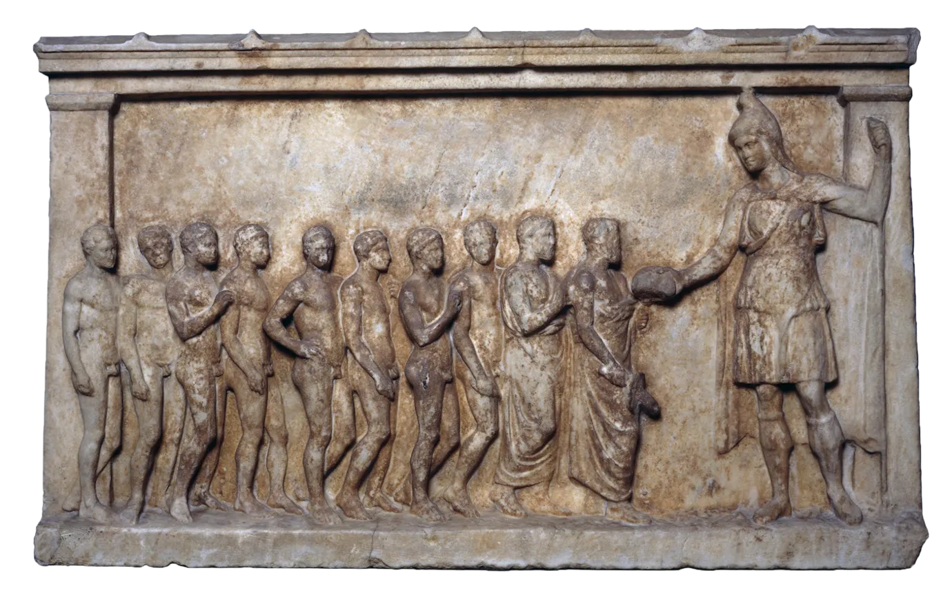 Relief antique sur lequel un groupe de dévots rend hommage à la déesse Bendis
