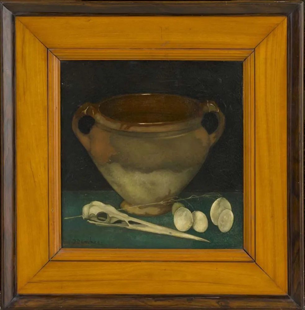 Nature porte de Jan Mankes représentant un pot en grès, un crâne de héron et des oeufs