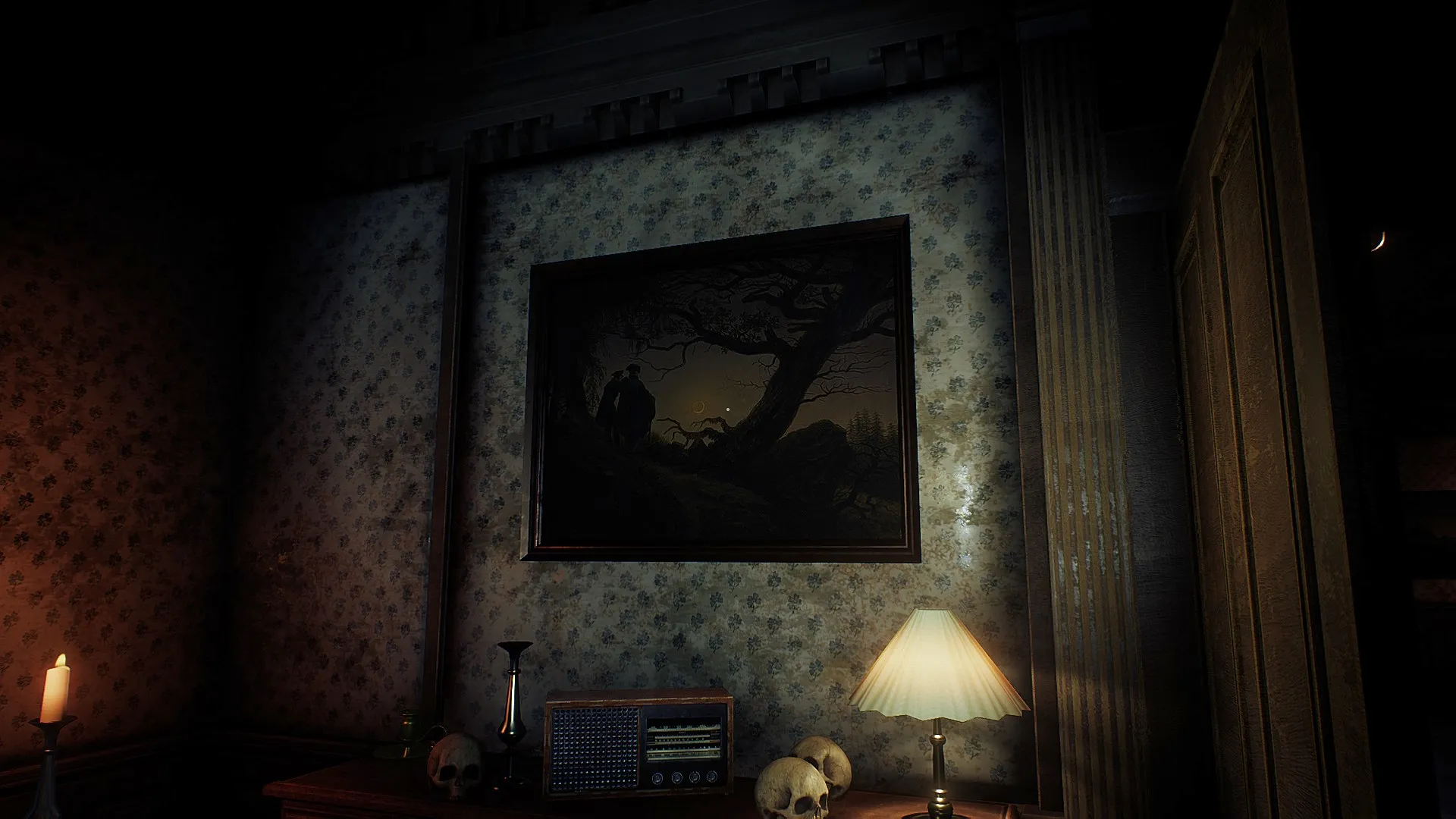 Image du jeu Conarium dans laquelle on voit le tableau de Caspar David Friedrich intitulé "Deux hommes contemplant la Lune"