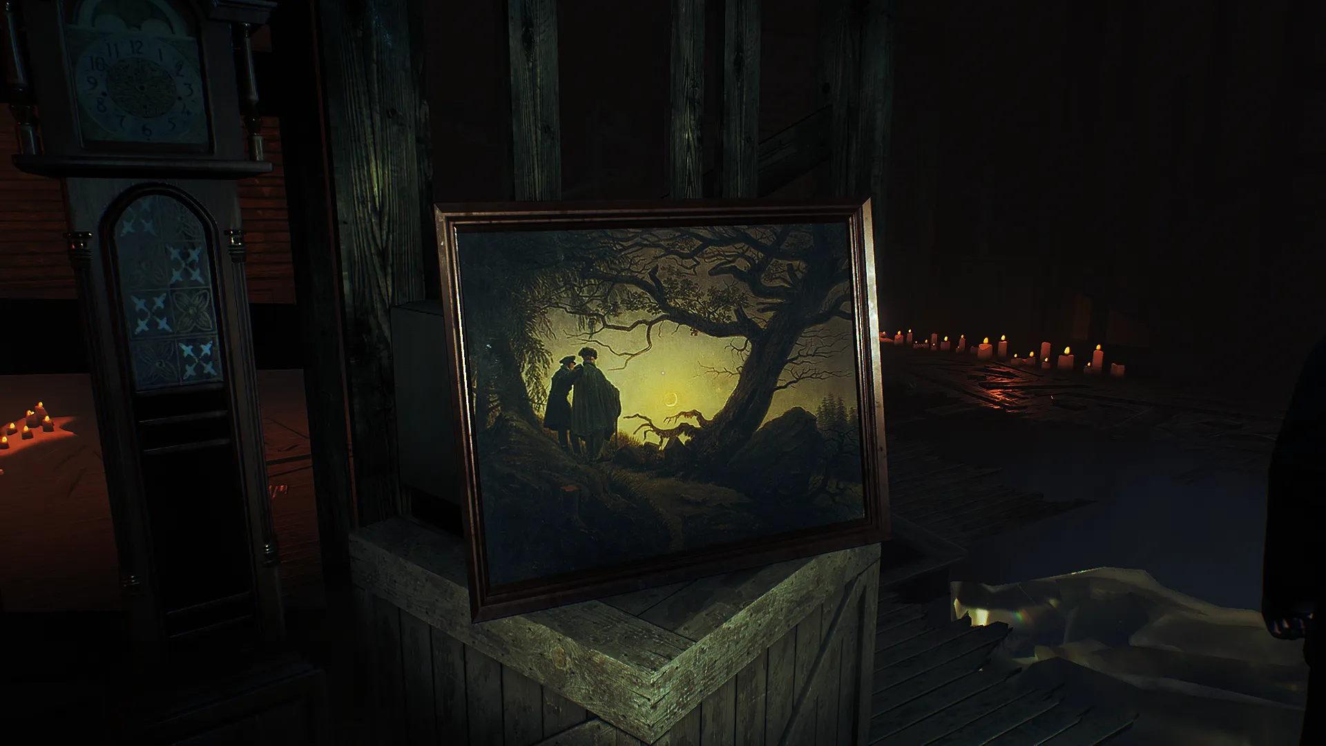 Image du jeu Conarium dans laquelle on voit le tableau de Caspar David Friedrich intitulé "Deux hommes contemplant la Lune"