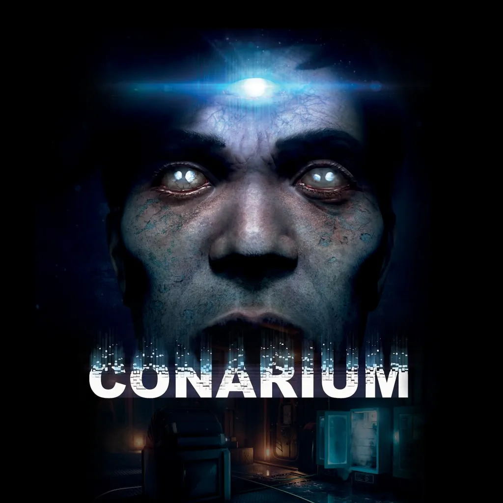 Cover du jeu Conarium. L'image présente le visage d'un homme en gros plan. Un troisième oeil sur son front brille d'une lumière bleutée. Le mot "CONARIUM" s'affiche en dessous.