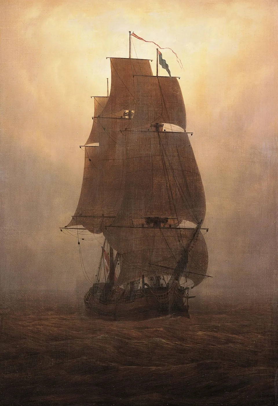 Peinture de Caspar David Friedrich représentant un grand voilier à trois mâts. Le navire vogue sur des eaux calmes. La lumière dorée évoque le début ou la fin de journée.