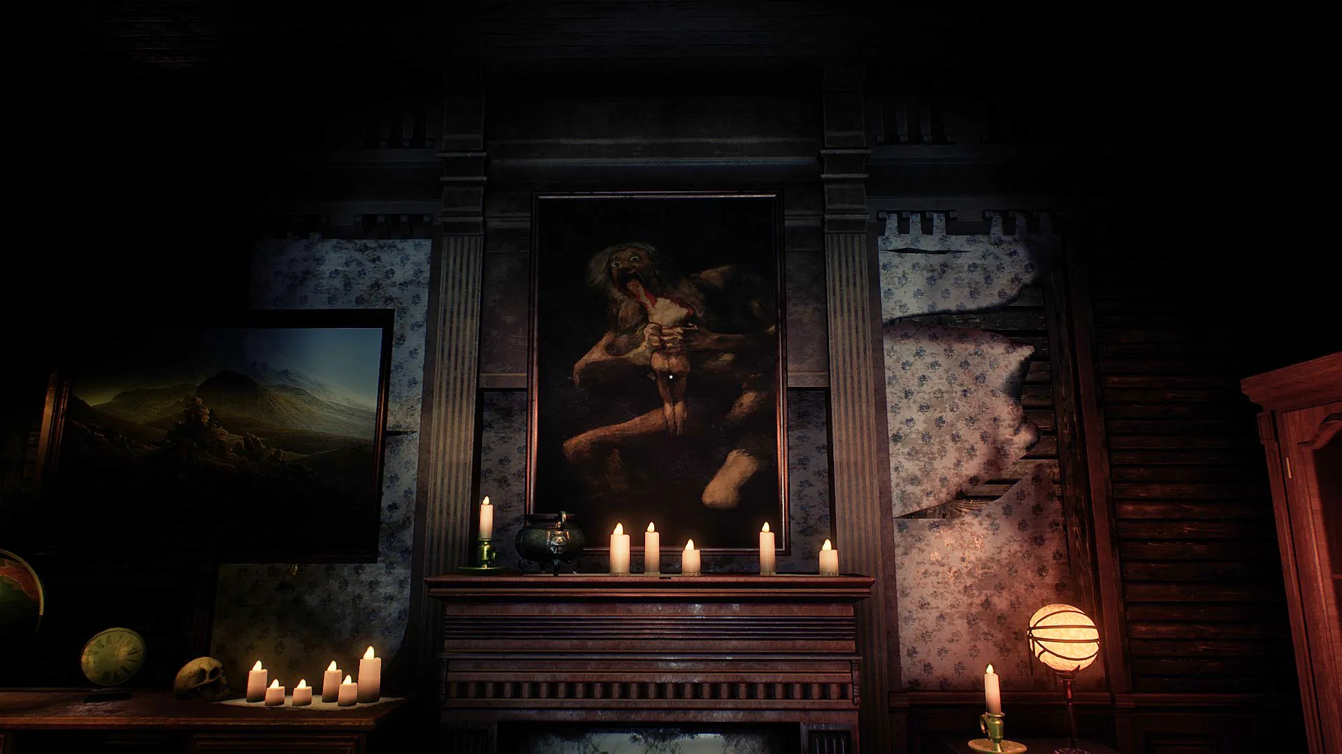 Image du jeu Conarium présentant le mur d'une pièce auquel est accroché le tableau de Goya représentant Saturne dévorant un de ses fils.