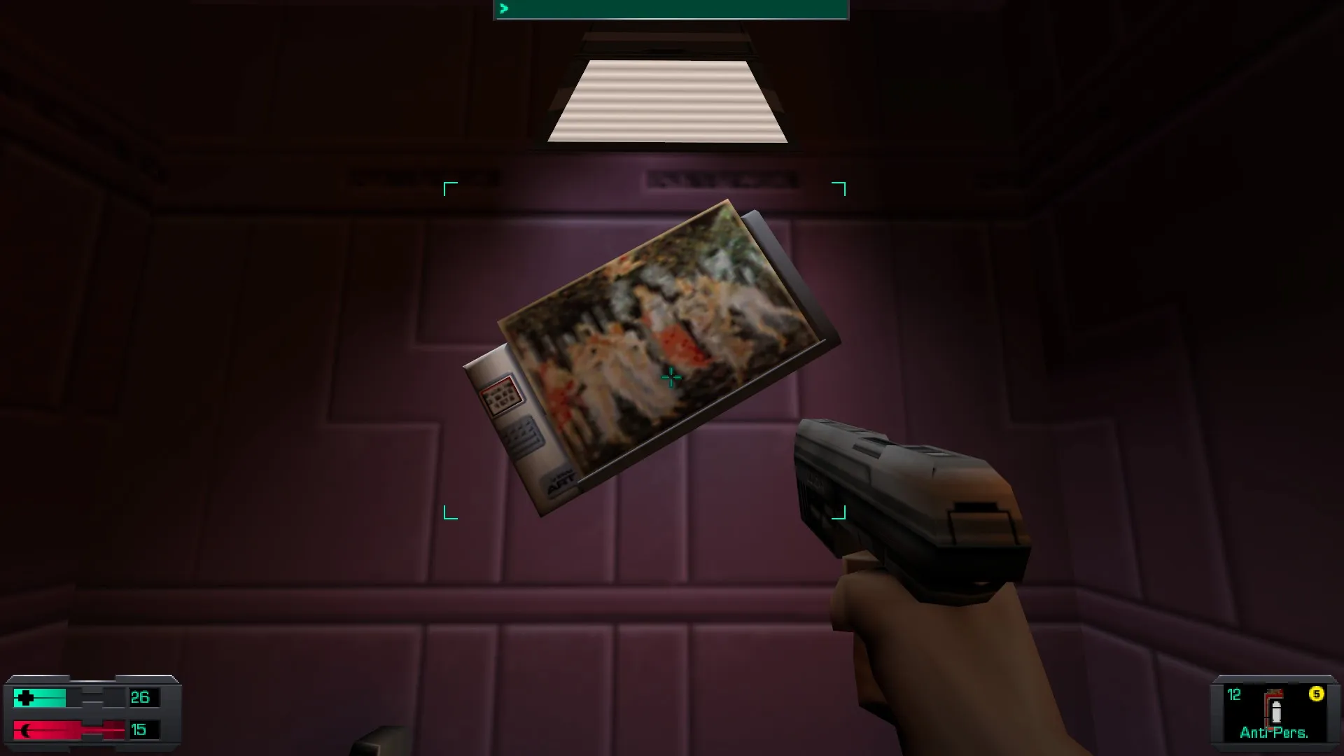 L'image est une capture d'écran du jeu System Shock 2. Le protagoniste du jeu, dont la vision se confond avec le cadre de l'image, tient un pistolet dans sa main droite, et il se tient devant un écran accroché au mur d'une des pièces d'un station spatiale. L'écran diffuse l'image du tableau "Le Printemps" de Botticelli.