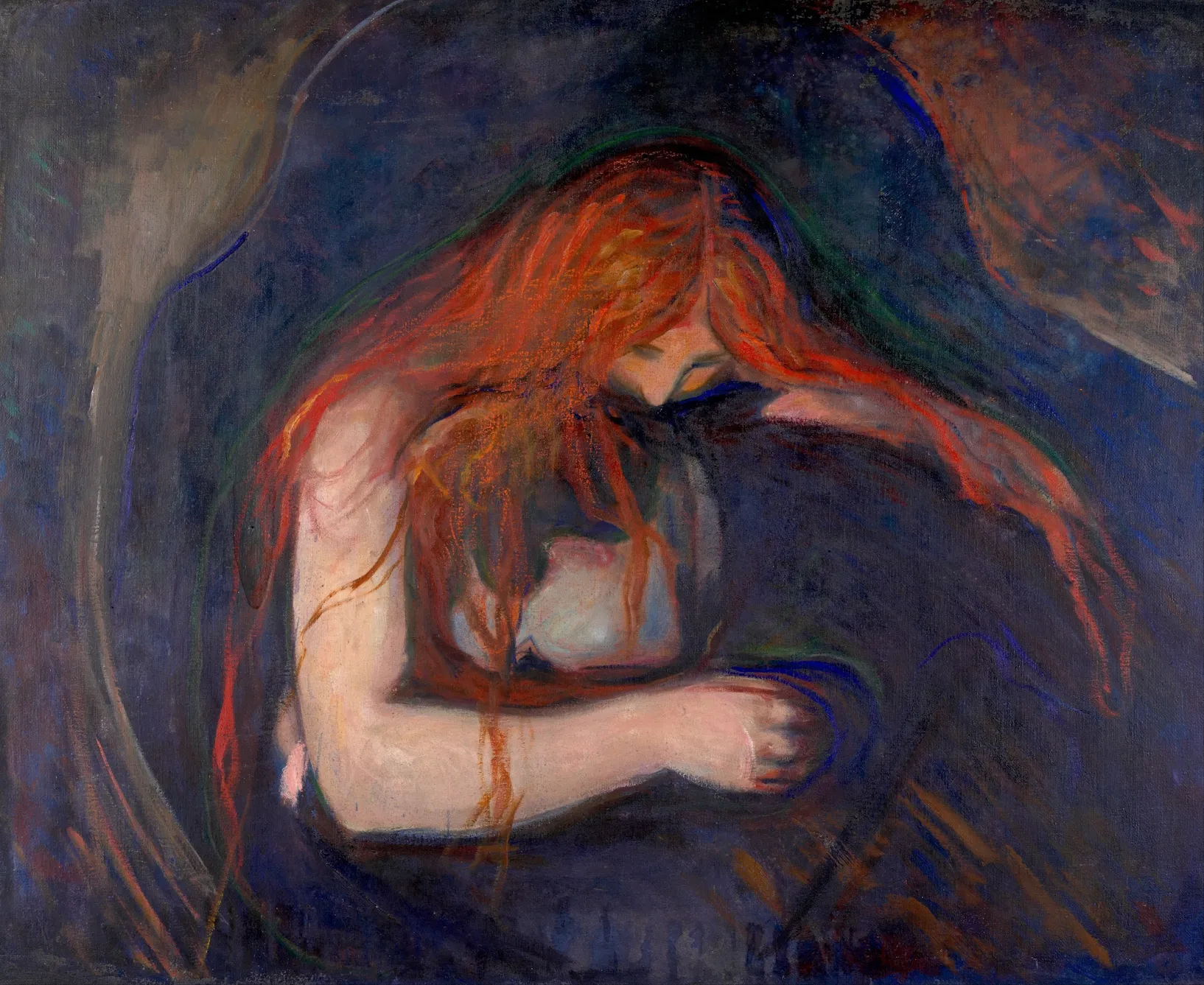 L'image est une peinture qui représente l'étreinte d'un homme et d'une femme. Les deux personnages, cadrés à mi-corps, se détachent sur un fond sombre. Les cheveux roux de la femmes cascadent sur le visage et le dos de l'homme.
