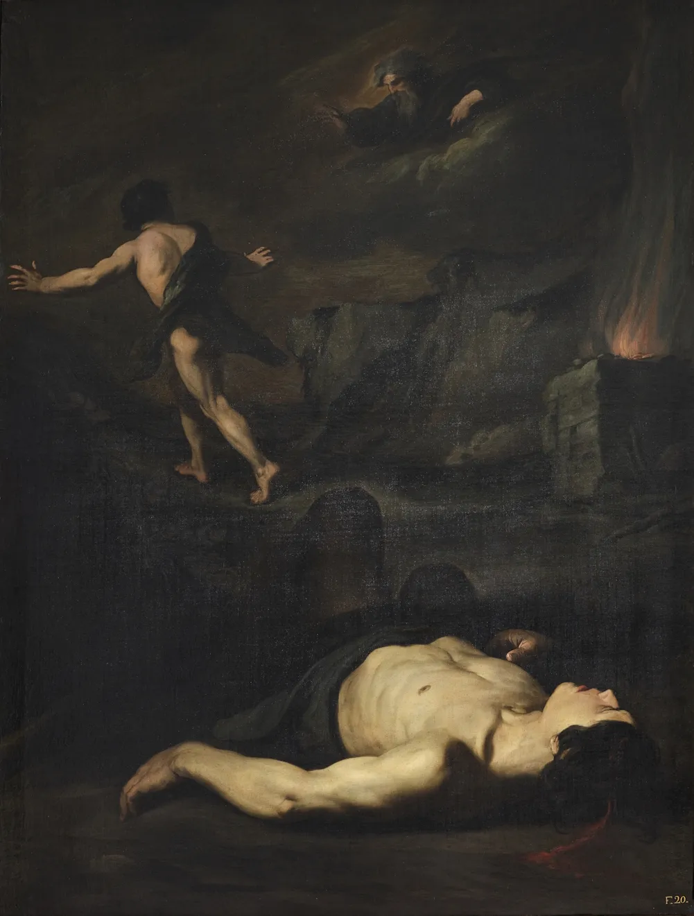 L'image est une peinture représentant au premier plan un homme étendu à terre, torse nu, visiblement mort, comme le laisse penser le filer de sang qui coule de son crâne. Un autre homme, au second plan à gauche, s'éloigne de la scène, dos au spectateur. Son visage est tourné à droite, vers un troisième homme. Plus vieux que les deux premiers, barbu, ce dernier semble émerger d'un nuage.