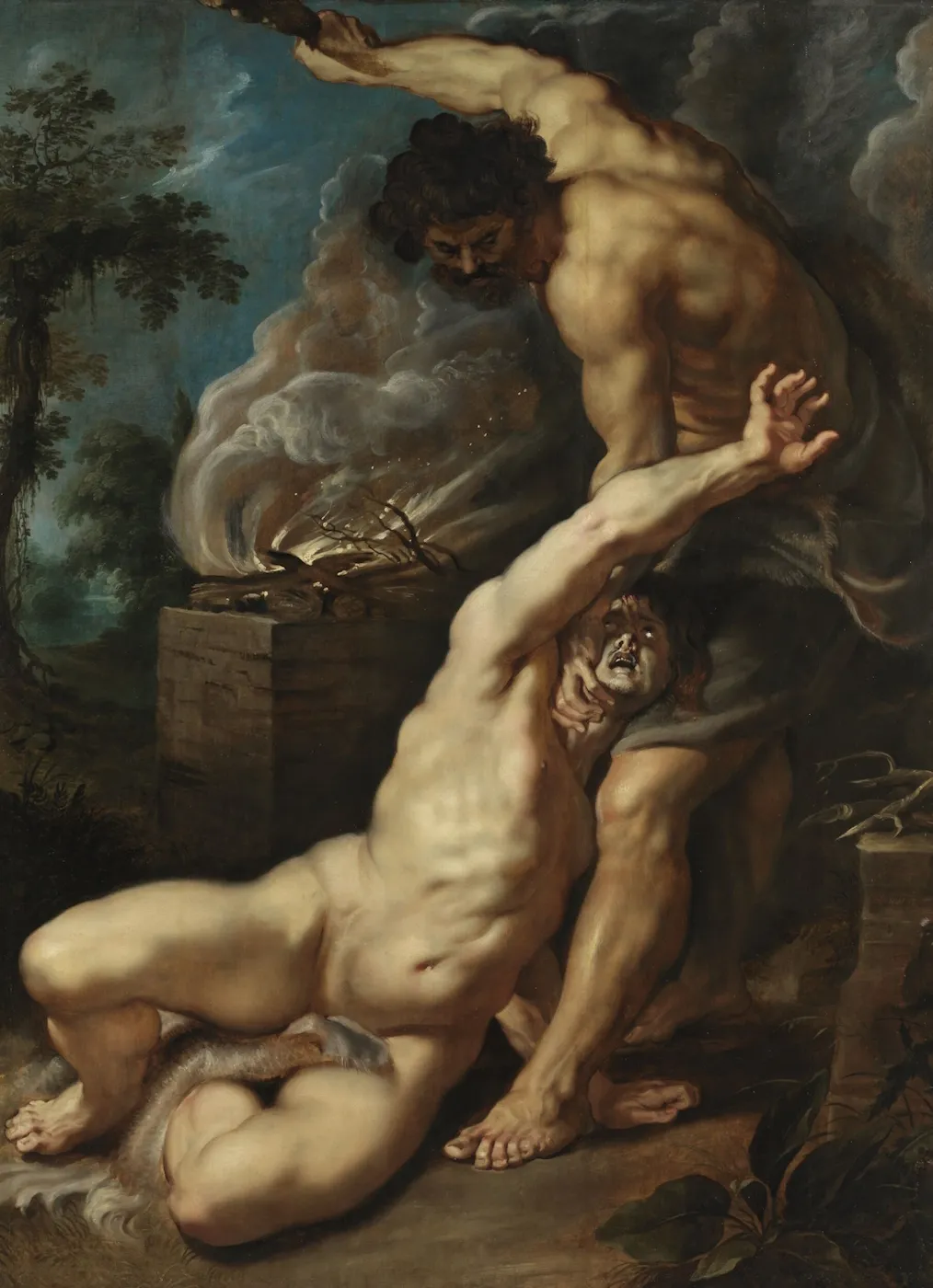 L'image est une peinture représentant deux hommes, dont l'un est à terre, maintenu au sol par le sol par le second qui s'apprête à le frapper à l'aide d'une massue. Au second plan, un autel est allumé.