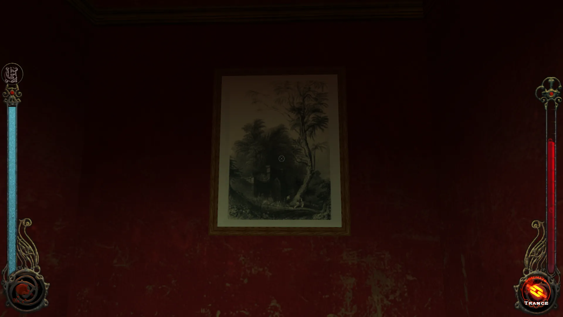 L'image est une capture d'écran du jeu Vampire: The Masquerade – Bloodlines. La caméra, qui adopte le point de vue du personnage joueur, nous montre le mur d'une pièce dont la peinture rouge est très endommagée. Au centre de l'image est accorchée au mur une gravure d'après William Henry Bartlett.