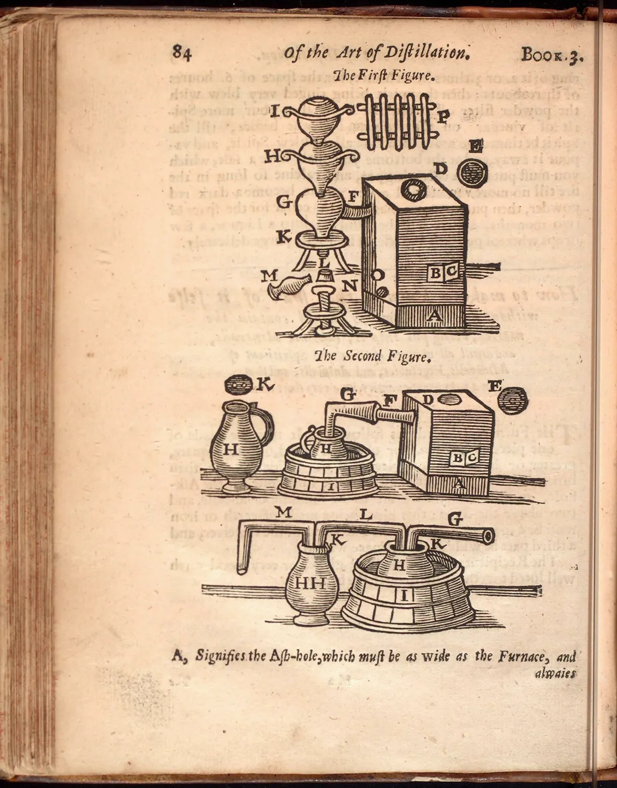 L'image est une photographie d'une page d'un livre ancien. L'essentiel de la page est occupé par deux schéma concernant des méthodes de distillation.