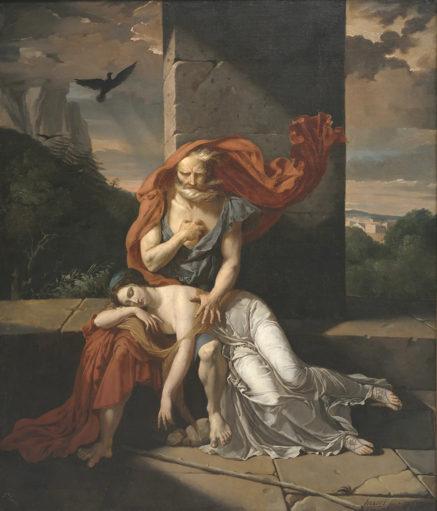 L'image est une peinture représentant une vieillard assis sur un parapet, adossé à une colonne. Une jeune femme est assoupie sur ses genoux. De sa main gauche il a un geste de protection envers elle, alors qu'il porte sa main droite à sa poitrine. Un paysage montagneux et boisé et visible à l'arrière plan, dominé par un ciel chargé de nuages. Une ville est visible dans le lointain à droite.