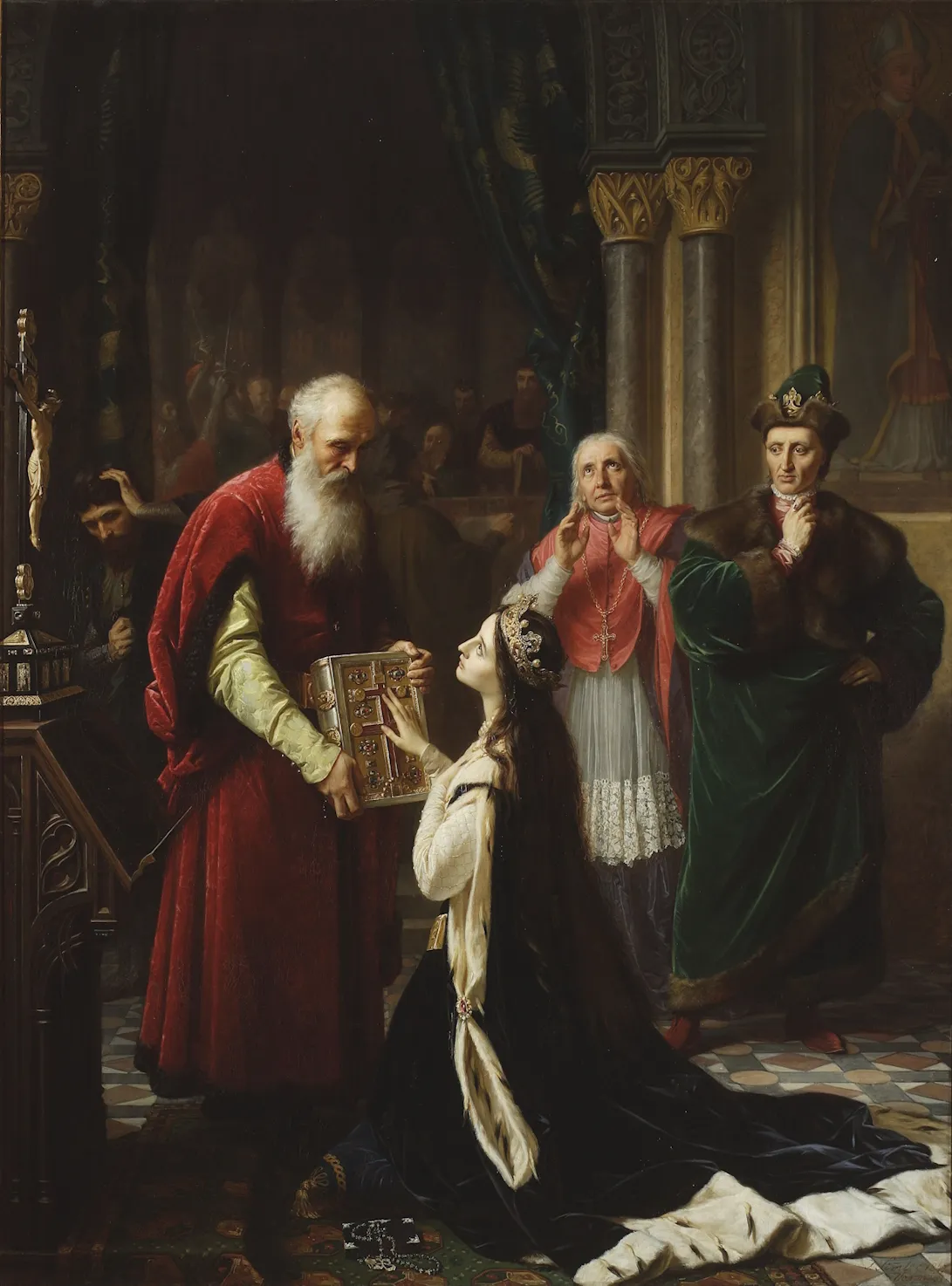 L'image est une peinte représentant une scène se déroulant à l'intérieur d'un édifice religieux. Le lieu est décoré de tentures et de peintures. Trois hommes richement vêtus se tiennent debout, celui le plus proche du spectateur tient dans ses mains un ouvrage à la reliure ouvragée, qu'il tend à une jeune femme agenouillée devant lui. Elle est vêtue d'un grand manteau de velour noir doublé d'hermine, et elle touche la couverture du livre de la main droite.