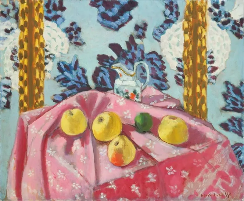 Matisse Nature morte aux pommes sur nappe rose