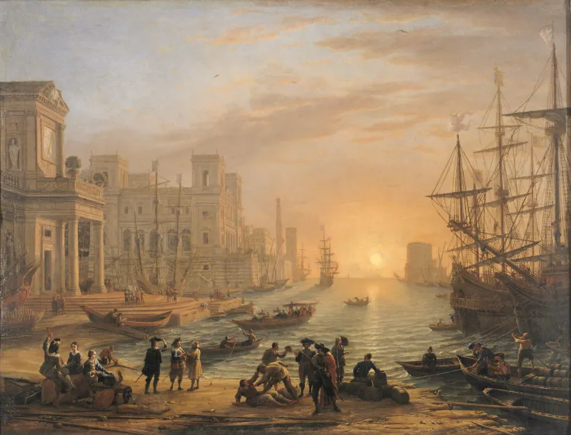 Tableau de Claude le Lorrain représentant un Port de mer au soleil couchant. Des hommes s'affairent sur la plage au premier plan. De grands navires type galions sont visibles à droite, à faible distance, et d'autres plus loin à l'horizon, où rougeoie le soleil couchant. A droite s'élèvent jusqu'à l'horizon de majestueuses architectures à l'antique.