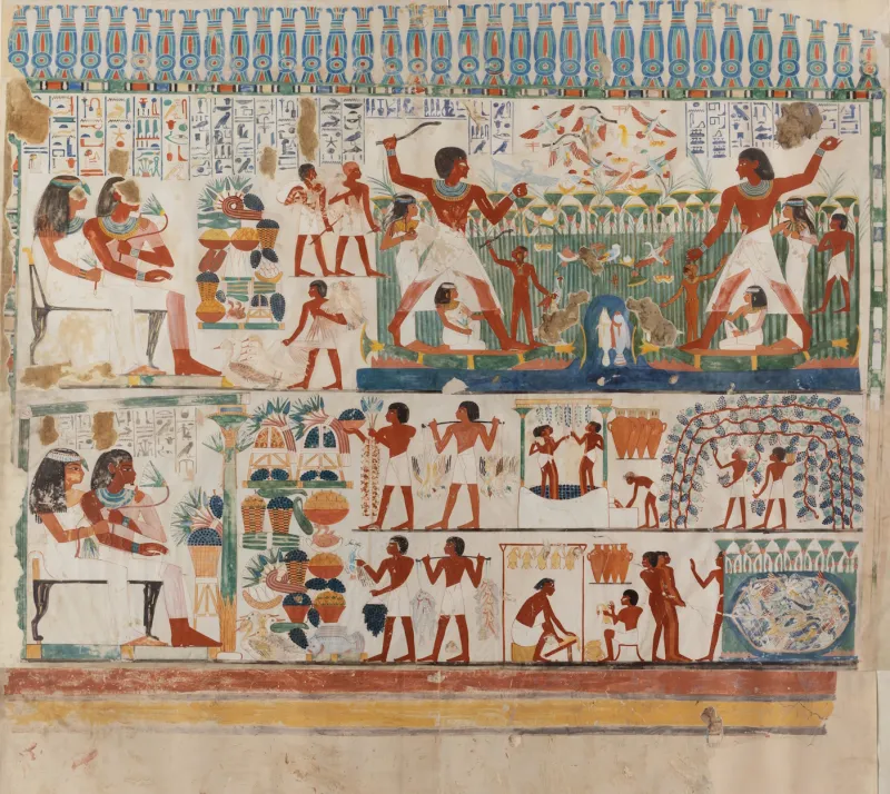 Peinture a tempera d'après une fresque de la tombe de Nakht représentant une scène de chasse et de pêche