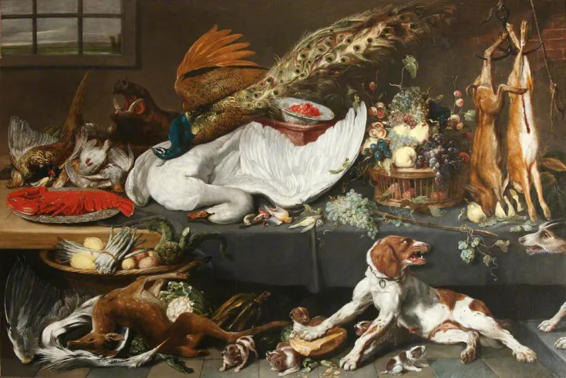 Nature morte représentant un garde-manger avec divers animaux morts : gibier, cygne, homard...